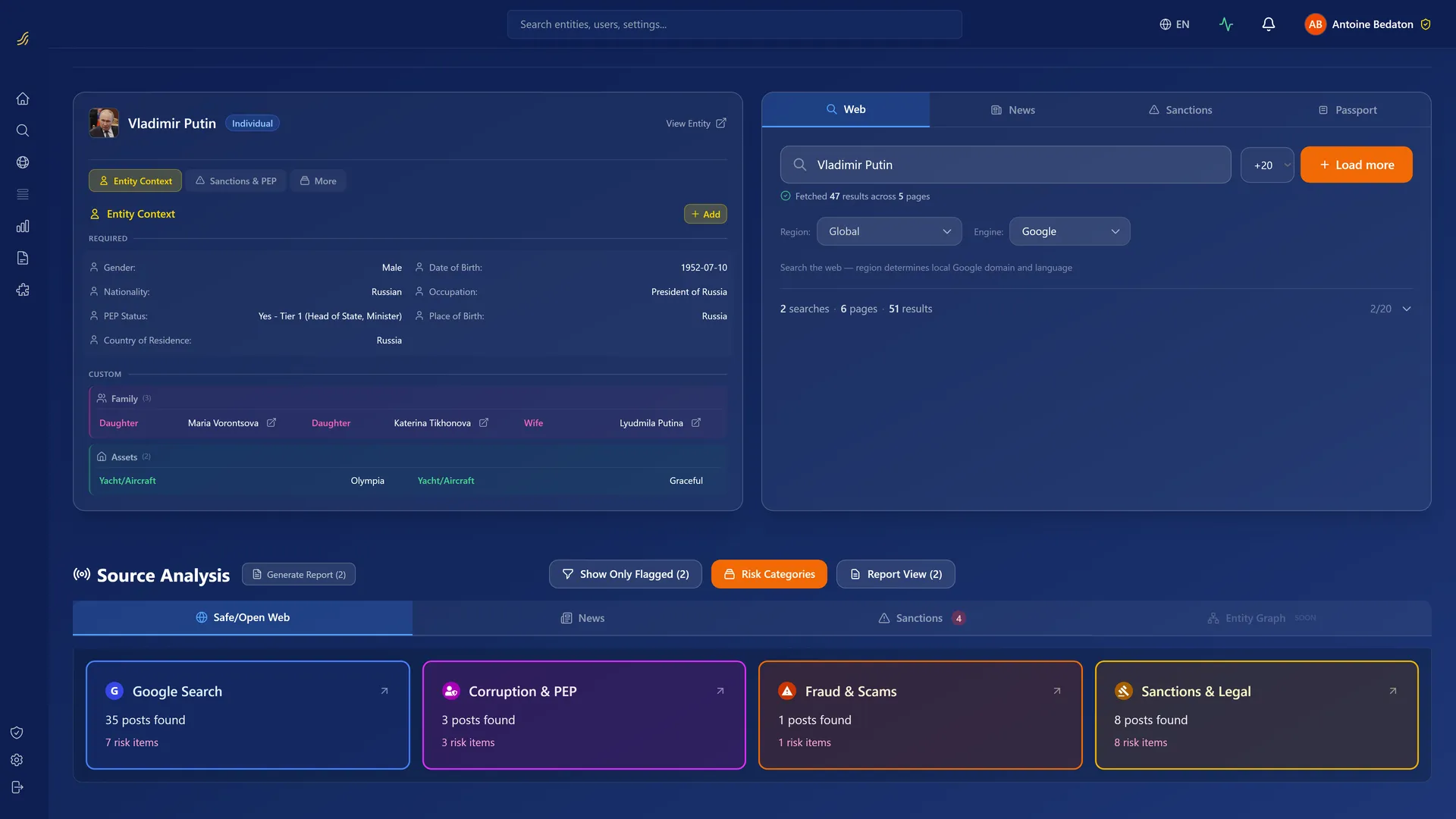 NNSFlow investigation workspace: entity context with web, news and sanctions sources surfaced and grouped by risk category.